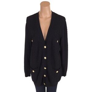 Vintage 80s/90s Celine Paris Baby Cable Cardigan Size 42 M Gold Tone Logo Button
